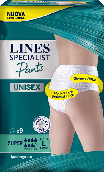 LINES SPECIALIST PANTS SUPER L X 9 PANNOLONE MUTANDINA INDOSSABILE COME NORMALE BIANCHERIA TIPO PULL-ON