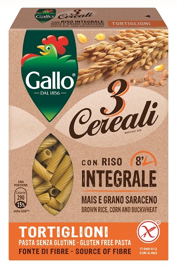 PASTA INTEGRALE 3 CEREALI RISO MAIS E GRANO SARACENO TORTIGLIONI 250 G SCATOLA