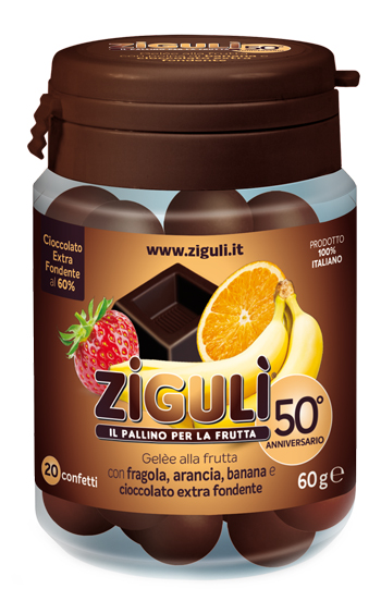 ZIGULI GELEE GUSTO MIX ARANCIA, FRAGOLA, BANANA E CIOCCOLATOFONDENTE 60% 20 CONFETTI 60 G