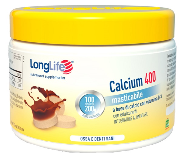 LongLife Calcium 400 mg - Integratore per il Benessere di Ossa e Denti Gusto Cacao - 100 Compresse
