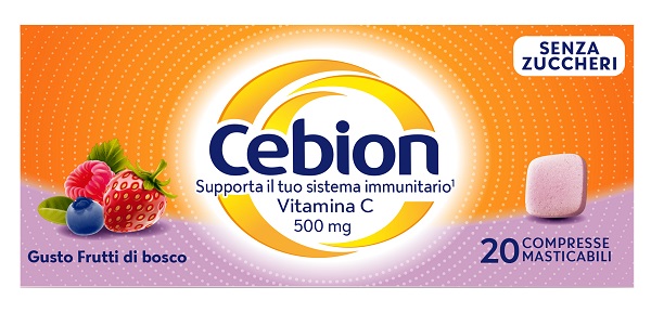 Cebion - Integratore di Vitamina C 500 mg Senza Zucchero Gusto Frutti di Bosco - 20 Compresse Masticabili