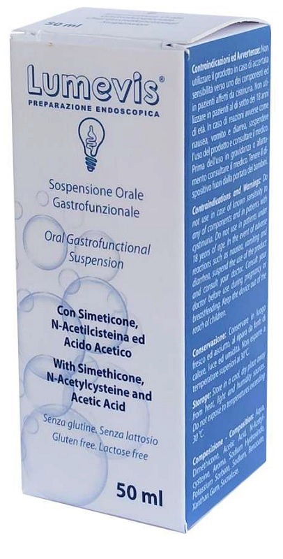 LUMEVIS SOSPENSIONE ORALE MONOUSO A BASE DI SIMETICONE N-ACETILCISTEINA E ACIDO ACETICO DA UTILIZZARE IN PREPARAZIONE DIESAMI CLINICI AMBITO GASTROSCOPICO 50 ML