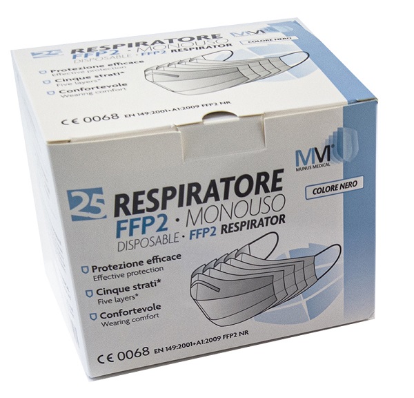 MUNUS MEDICAL RESPIRATORE FFP2 NR CLASSE III NERO 25 PEZZI