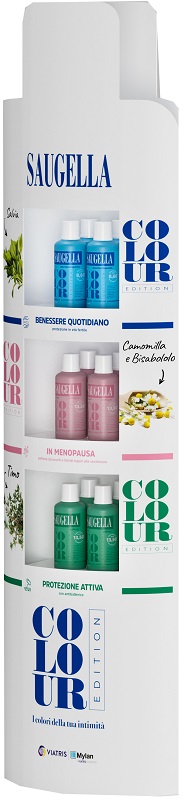 SAUGELLA COLOUR EDITION ESPOSITORE DA 12 PEZZI SAUGELLA DERMOLIQUIDO 500ML + SAUGELLA ATTIVA 500ML + SAUGELLA POLIGYN 500ML
