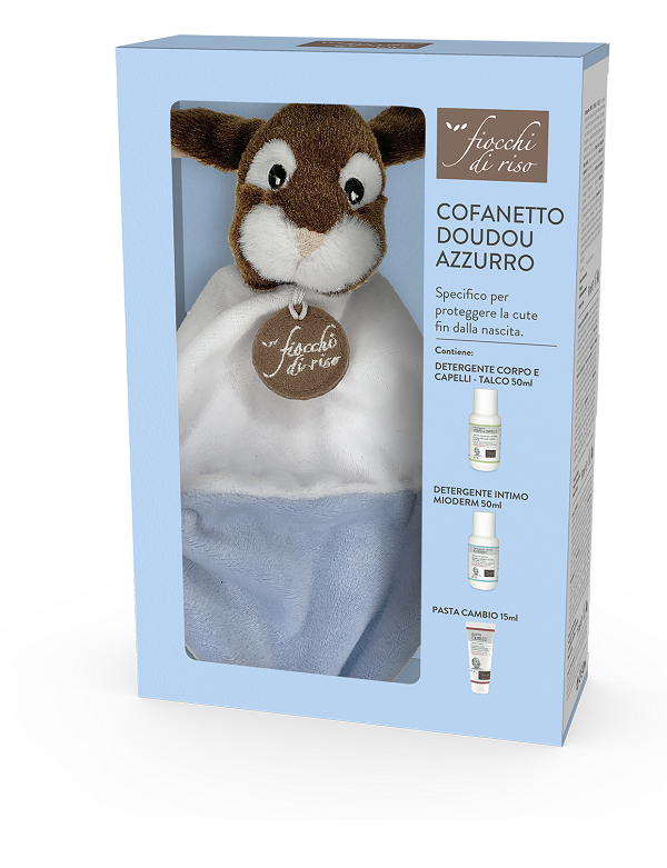 FIOCCHI DI RISO COFANETTO DOUDOU BIMBO AZZURRO MINISIZE PASTA CAMBIO 15 ML + MINISIZE INTIMO MIODERM 50 ML + MINISIZE DETERGENTE CORPO CAPELLI TALCO 50 ML + DOUDOU FIOCCO AZZURRO
